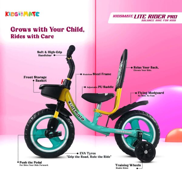 Kidsmate Lite Rider Pro Balance Cycle for Kids - Kids Cycle with Adjustable Seat & Backrest | Bell with Durable Training Wheels & EVA Tires | Baby Balance Bike Perfect for Ages 1-4Y (Sea Green) - Image 6