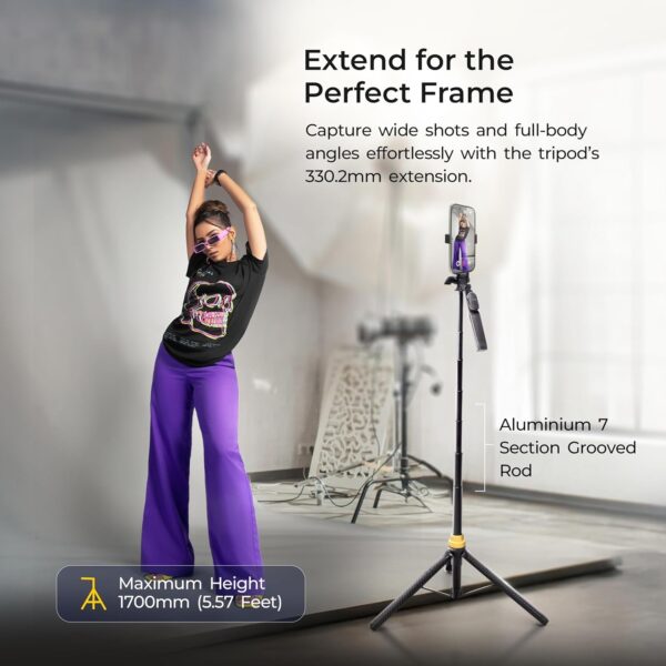 DIGITEK® (DTR-555 SS) 5.57ft Foldable Tripod Selfie Stick for Smartphones & Gopro Action Cameras, 360° Rotation, 3-Leg Base, 2Kg Load, 10m Wireless Remote, 7 Section Adjustable, for Selfie & Vloggers - Image 7
