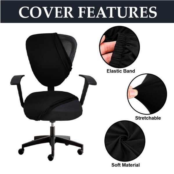 ITSPLEAZURE Black 2 Piece Set of 1 Office Chair Cover 200GSM Fabric Stretchable Elastic Polyester Removable Washable Office Computer Desk Executive Rotating Chair Seat Covers Slipcover Protector - Image 5