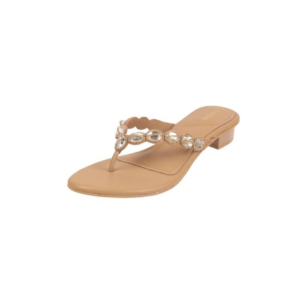 Mochi Women's Faux Leather Stone Embellished Low Heel Party Ethnic Chappal - Image 2