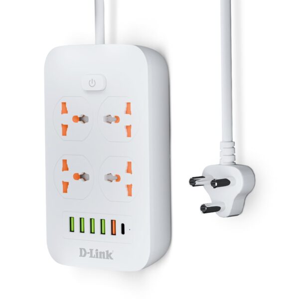 D-Link Power Strip with 4 Universal Sockets with Child Security + 5 USB Ports + 1 Type-C Port, High Temperature Fuse Protector, 1500W with 2 Meter Cable - Image 2
