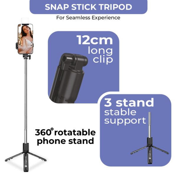 Tygot T1S SnapStick with Tripod Stand, 3 in 1 Multifunctional Design, Rechargable LED Light with Two Brighness Levels for Make up, Selfie, Vlogging & Photo Shoot, Selfie Stick with Bluetooth Remote - Image 6