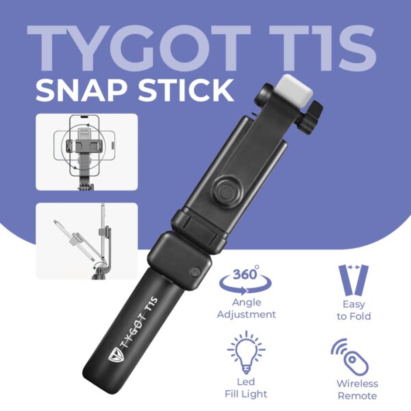 Tygot T1S SnapStick with Tripod Stand, 3 in 1 Multifunctional Design, Rechargable LED Light with Two Brighness Levels for Make up, Selfie, Vlogging & Photo Shoot, Selfie Stick with Bluetooth Remote - Image 5