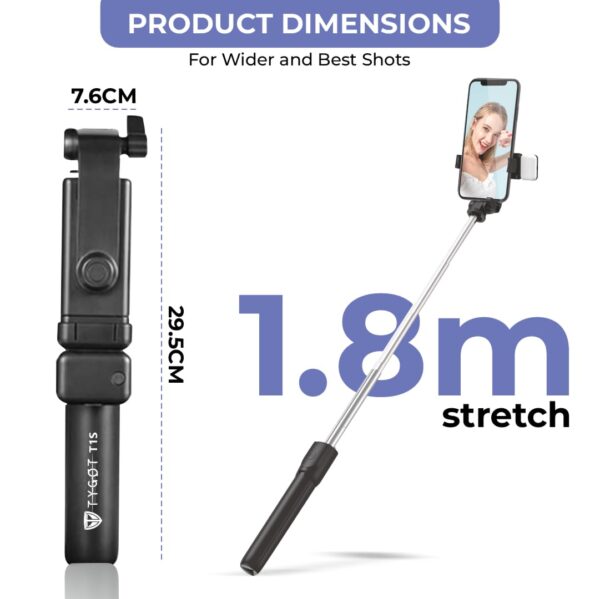 Tygot T1S SnapStick with Tripod Stand, 3 in 1 Multifunctional Design, Rechargable LED Light with Two Brighness Levels for Make up, Selfie, Vlogging & Photo Shoot, Selfie Stick with Bluetooth Remote - Image 3