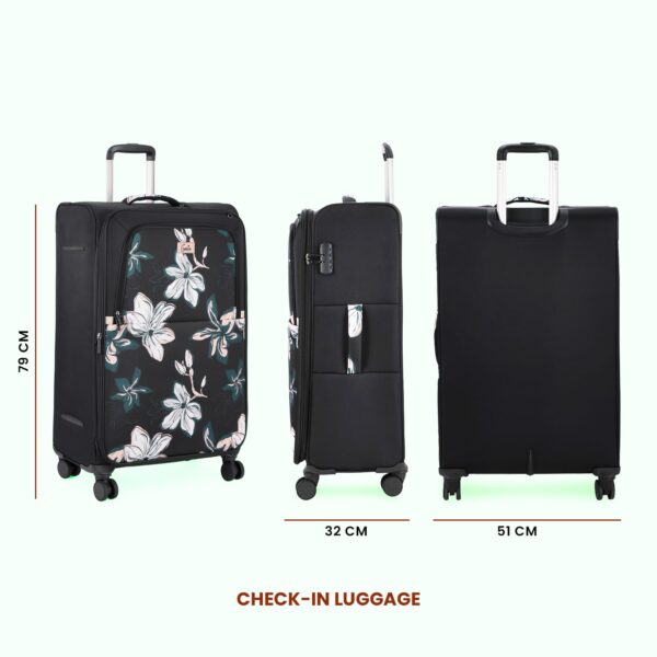 Genie Nylon Lily 77Cm Trolley Bag, Soft Side Premium Lightweight 8 Wheel Spinner Check-In Luggage, Printed, Travel Bag For Women, With Complimentary Vanity Pouch, Black - Image 8