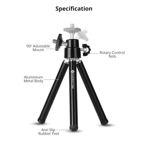 Everycom Mini Adjustable Tripod with Mount Ideal for All Mobile Phones and Digital Camera - Black - Image 6