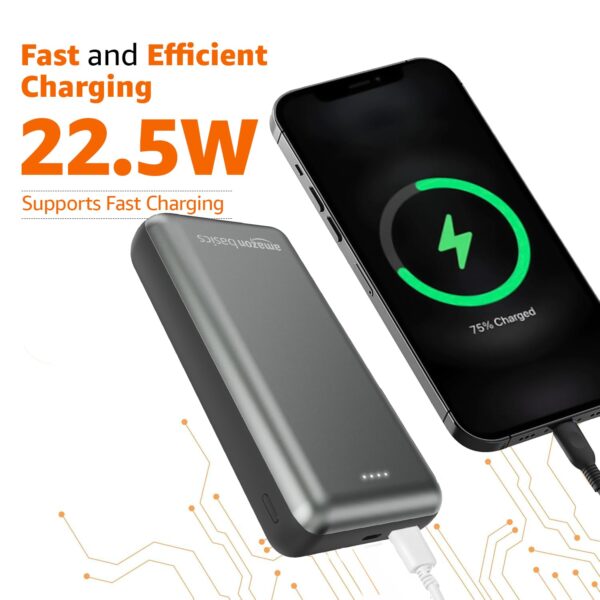 Amazon Basics 20000 mAh Power Bank | 22.5W Fast Charging | Dual Output & Input | Charge 3 Devices Simultaneously | for Smartphones, TWS Earbuds, Speakers, Tablets (Metallic Grey) - Image 5