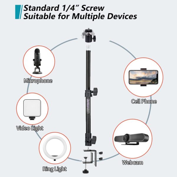 BROLAVIYA Overhead Video Camera, Mobile Metal Desktop Stand with 1/4" Male Adaptor for Camera, Gopro, Ring Light with Base Clip clamp and Mobile Bracket for Online Teaching, Photo Video. - Image 8