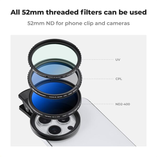 K&F Concept 52mm Clip-on ND2-400 Phone Camera Lens Filter Kit, Adjustable Neutral Density Filter Compatible with iPhone 15 14 13 12 11 - Image 8