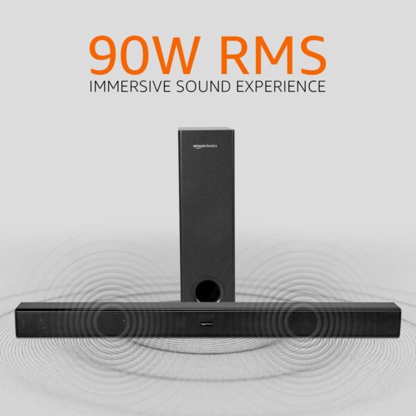 amazon basics Soundbar with Wired Subwoofer, 90W RMS, 2.1 Channel, Remote Control, BT v5.3, HDMI (ARC Cable), Optical, Aux, USB, Compatible with TV, Smart Phones, Tablets, PCs (Black) - Image 3