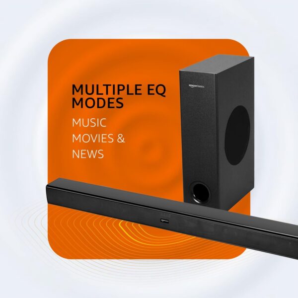 amazon basics Soundbar with Wired Subwoofer, 90W RMS, 2.1 Channel, Remote Control, BT v5.3, HDMI (ARC Cable), Optical, Aux, USB, Compatible with TV, Smart Phones, Tablets, PCs (Black) - Image 9
