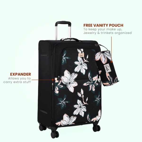 Genie Nylon Lily 77Cm Trolley Bag, Soft Side Premium Lightweight 8 Wheel Spinner Check-In Luggage, Printed, Travel Bag For Women, With Complimentary Vanity Pouch, Black - Image 3