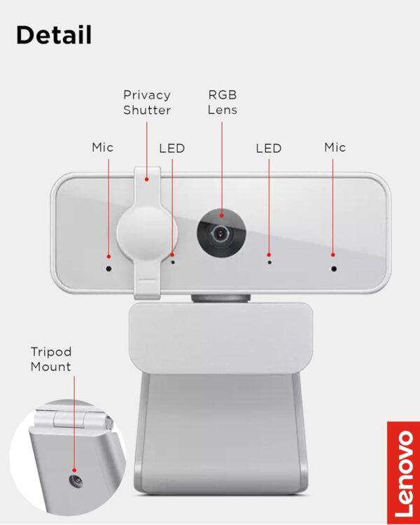 Lenovo 300 FHD Webcam with Full Stereo Dual Built-in mics | FHD 1080P 2.1 Megapixel CMOS Camera |Ultra-Wide 95° Lens, 4X Digital Zoom | 360 Rotation | Flexible Mount | Cloud Grey - Image 9