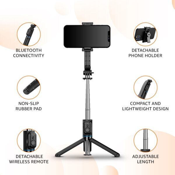 Amazon Basics Selfie Stick with Detachable Phone Clip | 107 cm Extendable | Remote Control | Compatible with Mirrorless/Action Camera, Ring Light, Gopro | Ideal for Selfies, Vlogging, Black - Image 5