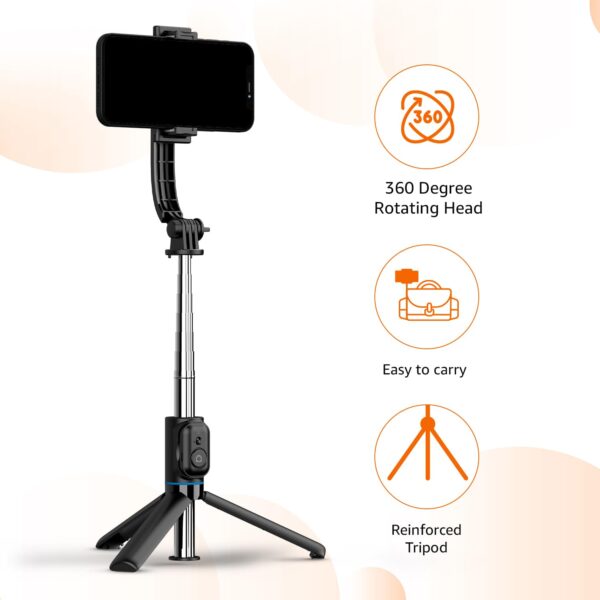 Amazon Basics Selfie Stick with Detachable Phone Clip | 107 cm Extendable | Remote Control | Compatible with Mirrorless/Action Camera, Ring Light, Gopro | Ideal for Selfies, Vlogging, Black - Image 3