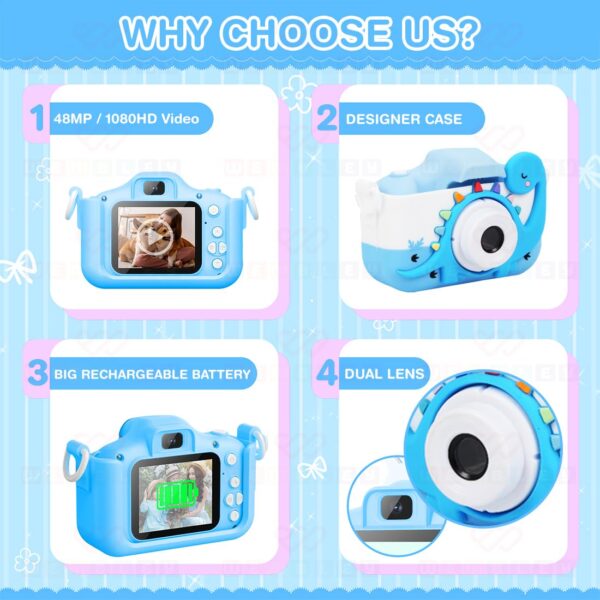 Wembley Kids Digital Camera Compact Dino Design Selfie Camera Video Recorder Photo Capture Games 4GB SD Card 2.0 Inch Screen for Girls Boys 4+ 5 6 7 8 - Blue - Image 6