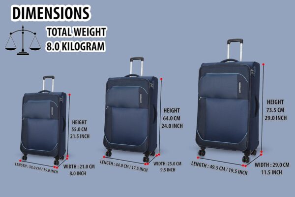 American Tourister Kamiliant (3 Pieces Set)-Polyester Small 56 Cm, Medium 68 Cm & Large 79 Cm Spinner Softsided 4 Wheels Luggage Trolley (Blue) - Image 5