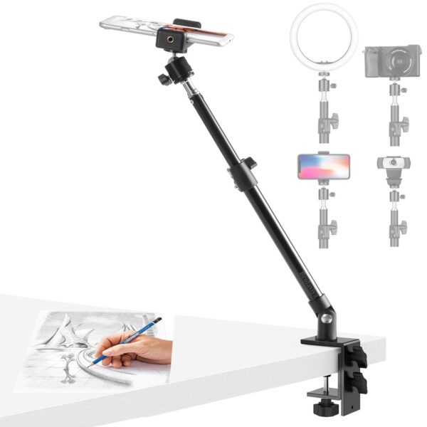 BROLAVIYA Overhead Video Camera, Mobile Metal Desktop Stand with 1/4" Male Adaptor for Camera, Gopro, Ring Light with Base Clip clamp and Mobile Bracket for Online Teaching, Photo Video. - Image 2