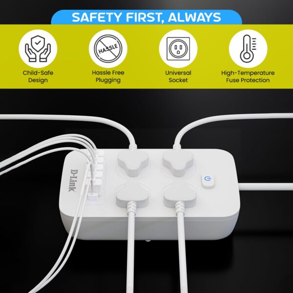 D-Link Power Strip with 4 Universal Sockets with Child Security + 5 USB Ports + 1 Type-C Port, High Temperature Fuse Protector, 1500W with 2 Meter Cable - Image 5