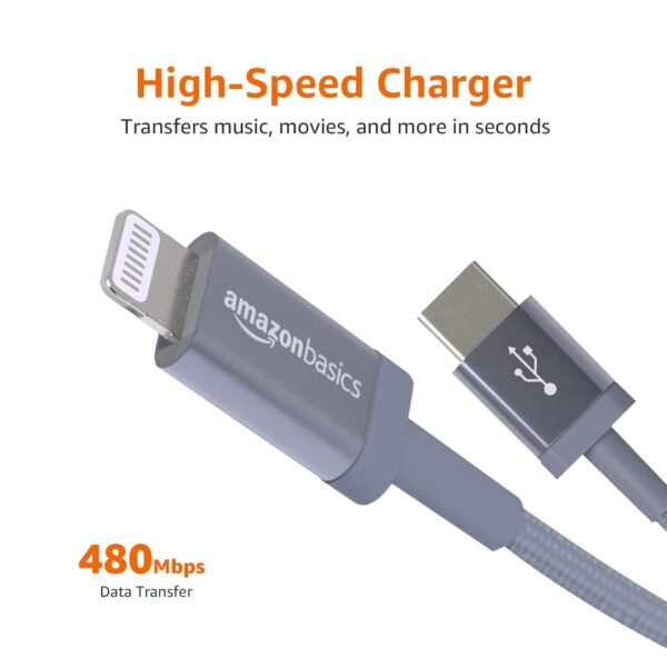 AmazonBasics MFI certified 1.8M USB C to lightning aluminum with nylon braided charging cable (Grey) - Image 4