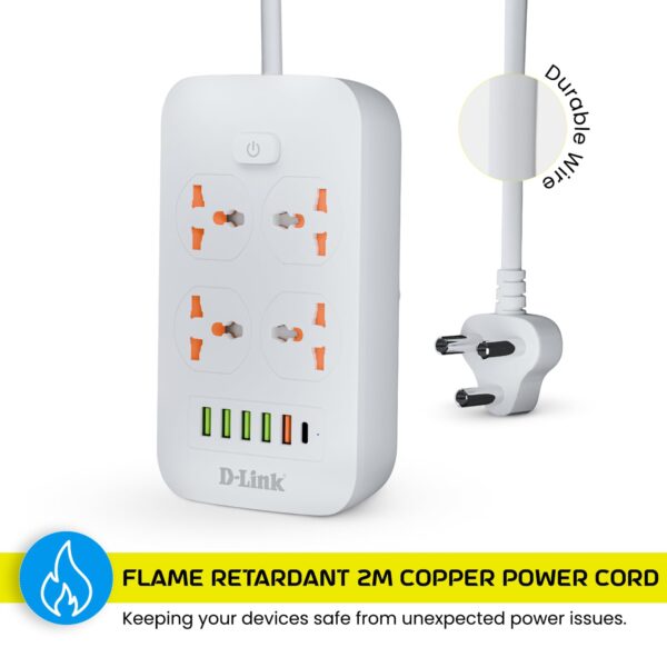 D-Link Power Strip with 4 Universal Sockets with Child Security + 5 USB Ports + 1 Type-C Port, High Temperature Fuse Protector, 1500W with 2 Meter Cable - Image 7