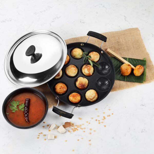 CELLO Non-Stick 12 Cavity Grill Appam Patra 2 Side Handle with Stainless Steel Lid | Appam Maker | Appam Patra | Appam pan | Litti Maker | Appe Stand - Image 3