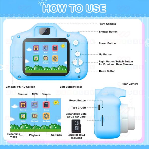 Wembley Kids Digital Camera Compact Dino Design Selfie Camera Video Recorder Photo Capture Games 4GB SD Card 2.0 Inch Screen for Girls Boys 4+ 5 6 7 8 - Blue - Image 5