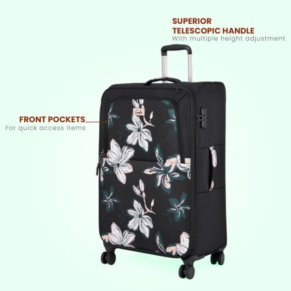 Genie Nylon Lily 77Cm Trolley Bag, Soft Side Premium Lightweight 8 Wheel Spinner Check-In Luggage, Printed, Travel Bag For Women, With Complimentary Vanity Pouch, Black - Image 5