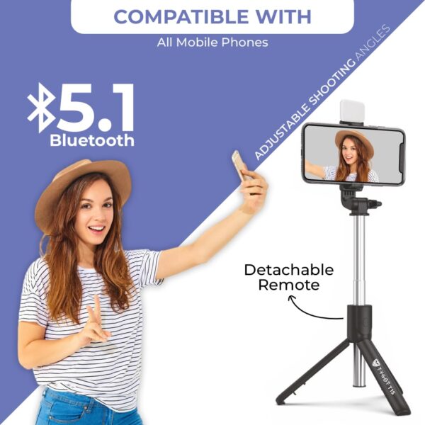 Tygot T1S SnapStick with Tripod Stand, 3 in 1 Multifunctional Design, Rechargable LED Light with Two Brighness Levels for Make up, Selfie, Vlogging & Photo Shoot, Selfie Stick with Bluetooth Remote - Image 4