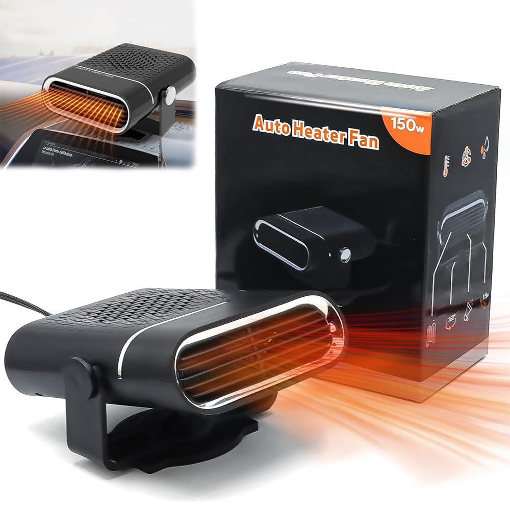 BRAINLE 2 in 1 Car Heater 150W 12V DC Portable Heater with 360° Free Rotary Adjustment, Plugs into Cigarette Lighter, Quick Heating Defrost and Defogger Fan, Ideal for Winter Driving