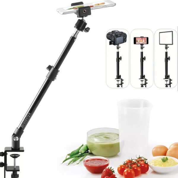 BROLAVIYA Overhead Video Camera, Mobile Metal Desktop Stand with 1/4" Male Adaptor for Camera, Gopro, Ring Light with Base Clip clamp and Mobile Bracket for Online Teaching, Photo Video. - Image 9