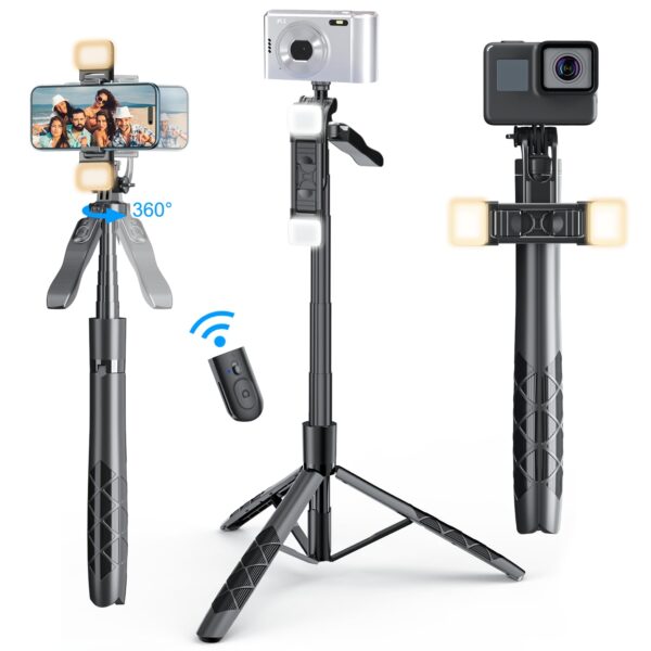 Mobilife 62-inch Selfie Stick Tripod with Gimbal Handle Dual Fill Light 360° Rotation Bluetooth Aluminum Selfie Stick Stand for iPhone Android Mobile Phone Camera Vlogging,Black - Image 2