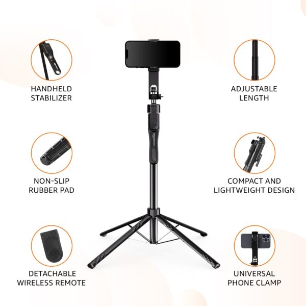 Amazon Basics Long Selfie Stick Tripod Stand with Hand Grip | Anti Shake, Upto 172 cm extendable | for Mobile, Gopro, Camera & Ringlight - Image 5