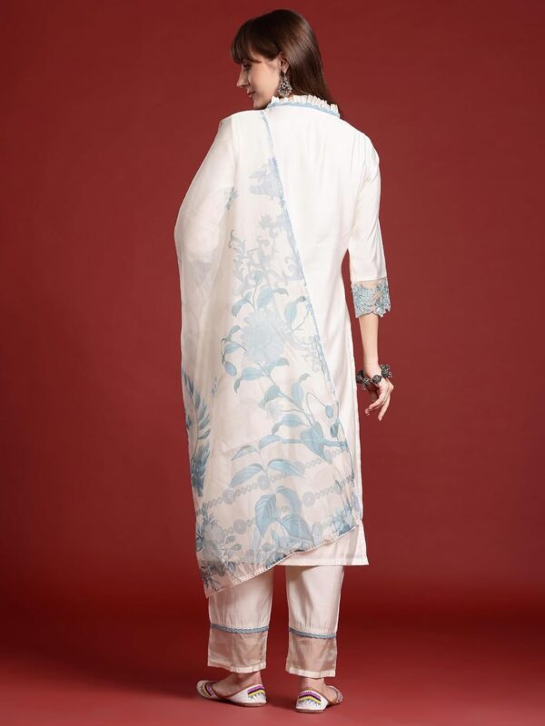 INDO ERA Women's Off White Silk Blend Embroidered Straight Kurta & Pant with Dupatta Set (KH9OW6656) - Image 5