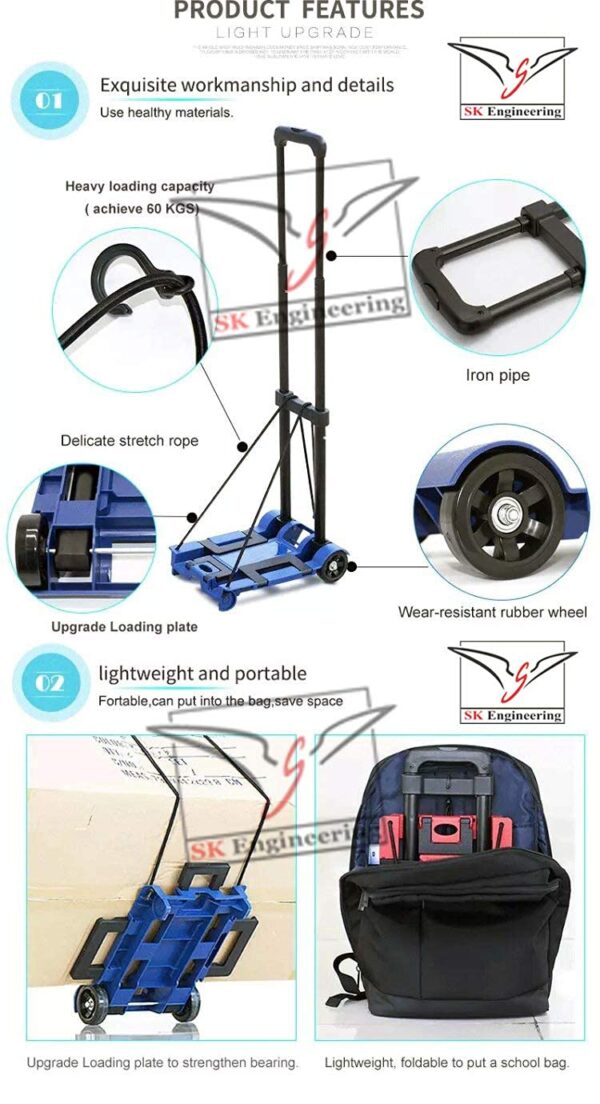 VIPREKHO Foldable Lightweight Travelling Luggage Cart Carrier Trolley with Extendable Adjusted Handle (Multi Color) - Image 6