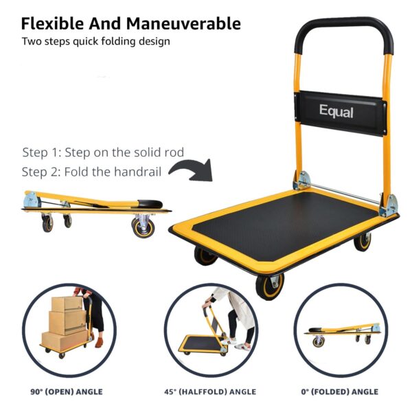 Equal 300kg Capacity Steel Foldable Platform Trolley for Heavy Weight/Material Handling Goods Trolley for Home, Office, Warehouse & Industries - 61cm x 91cm (5" Wheel/Yellow Color) - Image 6