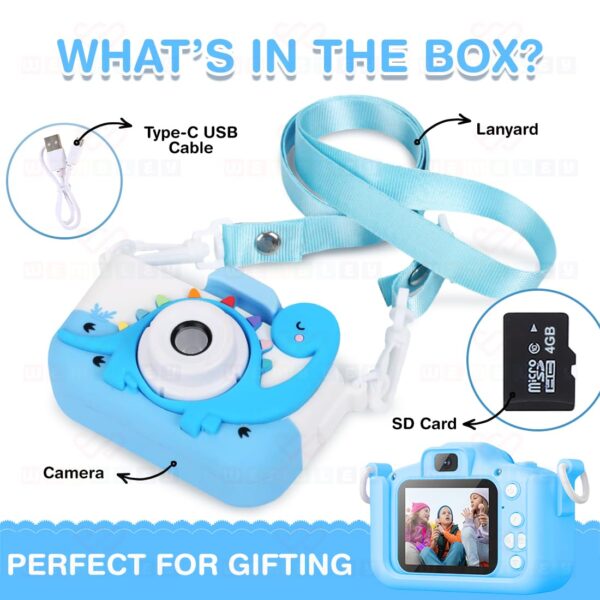 Wembley Kids Digital Camera Compact Dino Design Selfie Camera Video Recorder Photo Capture Games 4GB SD Card 2.0 Inch Screen for Girls Boys 4+ 5 6 7 8 - Blue - Image 3