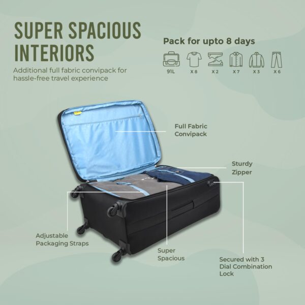 Aristocrat Commander 69Cms Premium Polyester with PVC Coating Soft Sided Check-in 4 Spinner Wheels Medium Black Suitcase - Image 4