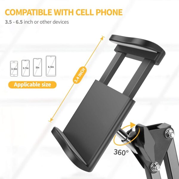 Sounce Lightweight Tabletop Stand Phone Holder, Metal Long Lazy Arm and Bracket for All Mobile for Video Recording, Streaming Video, Office, Compatible Upto 4-7 Inches [Black] - Image 3