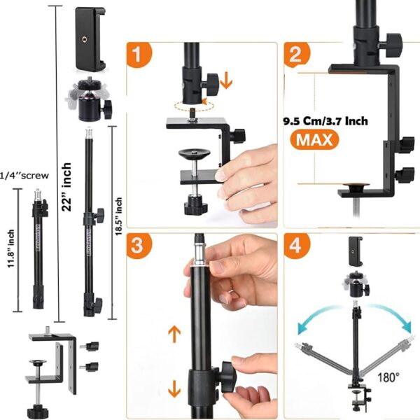 BROLAVIYA Overhead Video Camera, Mobile Metal Desktop Stand with 1/4" Male Adaptor for Camera, Gopro, Ring Light with Base Clip clamp and Mobile Bracket for Online Teaching, Photo Video. - Image 4