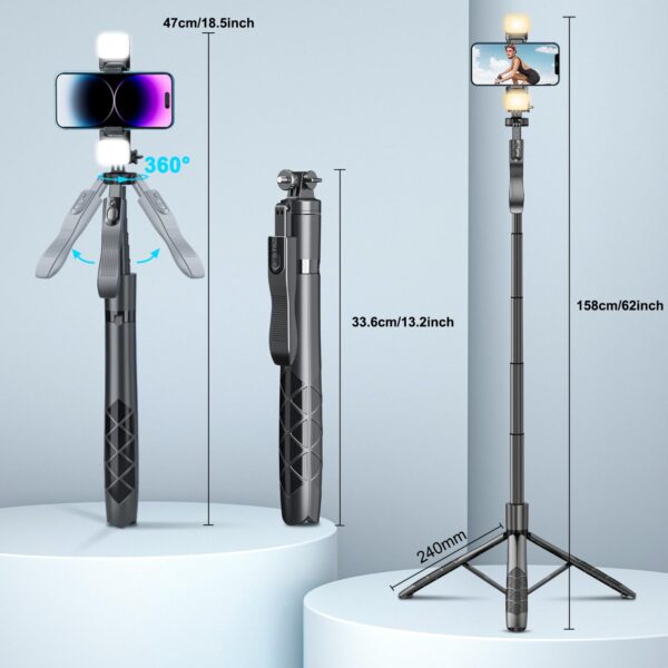 Mobilife 62-inch Selfie Stick Tripod with Gimbal Handle Dual Fill Light 360° Rotation Bluetooth Aluminum Selfie Stick Stand for iPhone Android Mobile Phone Camera Vlogging,Black - Image 6