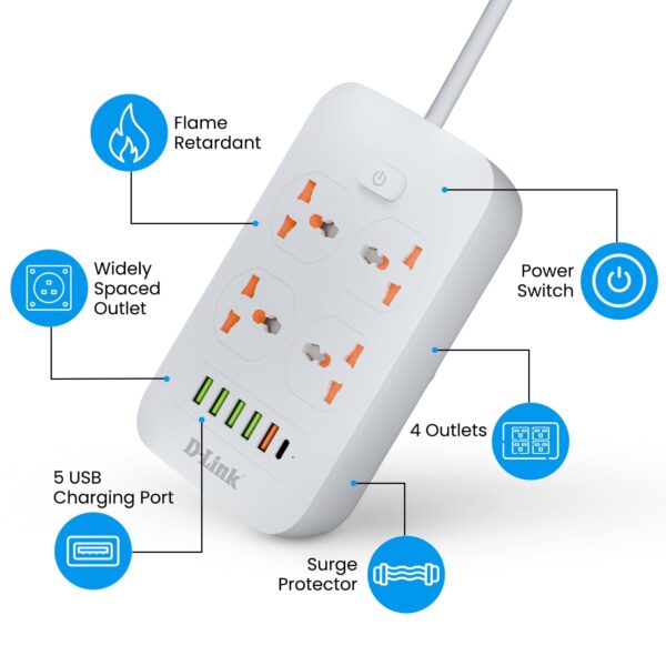 D-Link Power Strip with 4 Universal Sockets with Child Security + 5 USB Ports + 1 Type-C Port, High Temperature Fuse Protector, 1500W with 2 Meter Cable - Image 6