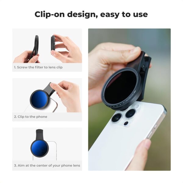 K&F Concept 52mm Clip-on ND2-400 Phone Camera Lens Filter Kit, Adjustable Neutral Density Filter Compatible with iPhone 15 14 13 12 11 - Image 7