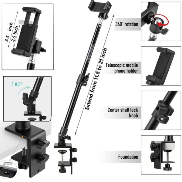 BROLAVIYA Overhead Video Camera, Mobile Metal Desktop Stand with 1/4" Male Adaptor for Camera, Gopro, Ring Light with Base Clip clamp and Mobile Bracket for Online Teaching, Photo Video. - Image 7