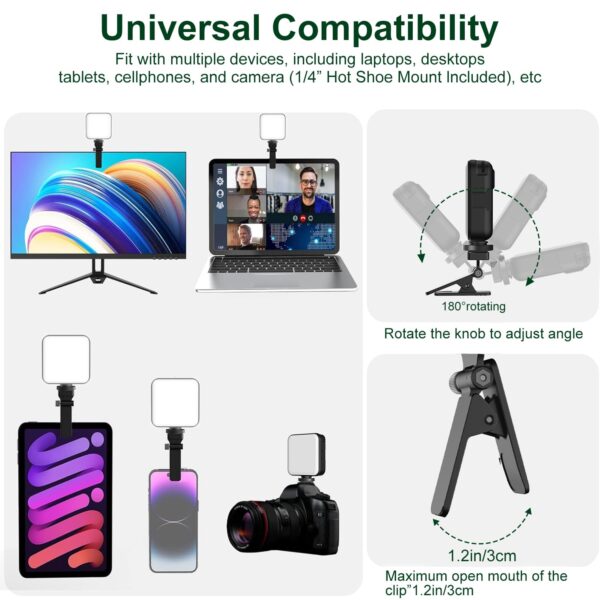 LED Video Light Camera Light Laptop Light for Zoom Meeting Photography Lighting 100 LED Beads with Clip Dimmable and Rechargeable for Camera Selfie Stick Tripod Laptop Cellphone - Image 9