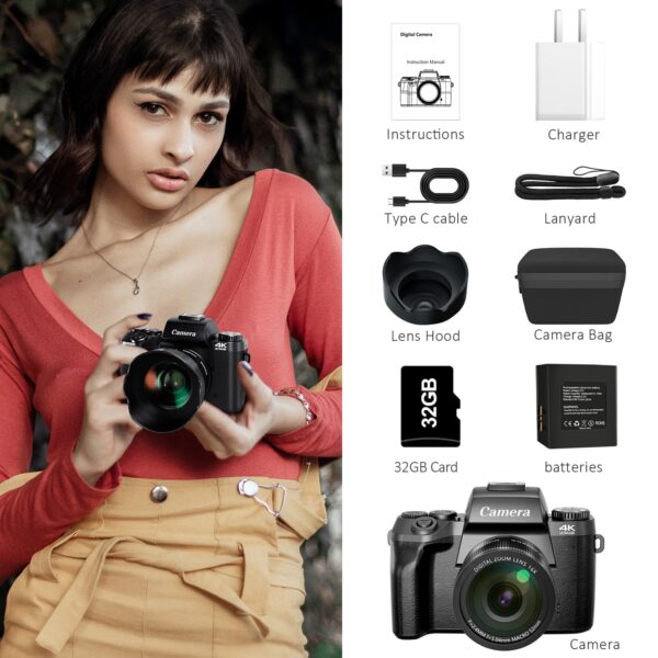 Saneen Digital Camera, 4K Cameras for Photography and Video, 64MP WiFi Touchscreen, Vlogging Camera for YouTube with Flash, 32GB Card, Sunshade, 3000mAh Battery, Front Cameras - Image 10