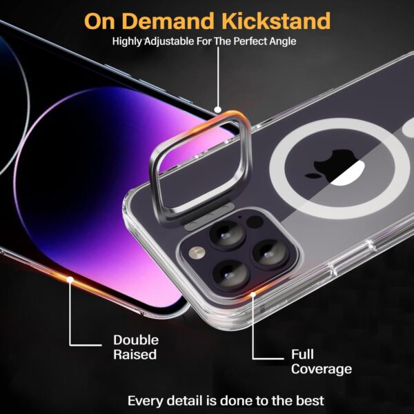 amazon basics iPhone 14 Pro Case, Compatible with MagSafe, Adjustable Camera Ring Stand, Scratch Resistant Back, Military-Grade Protection, TPU, Classic Magnetic Back Cover with Kickstand, Clear - Image 3