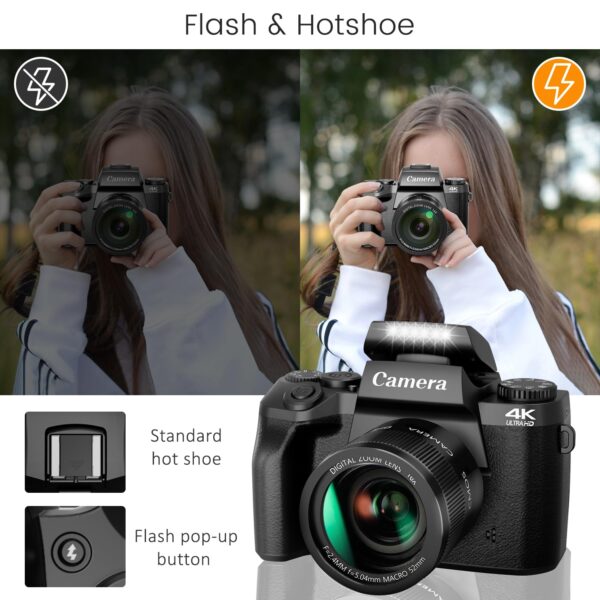 Saneen Digital Camera, 4K Cameras for Photography and Video, 64MP WiFi Touchscreen, Vlogging Camera for YouTube with Flash, 32GB Card, Sunshade, 3000mAh Battery, Front Cameras - Image 6