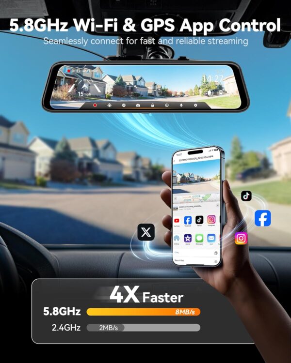 WOLFBOX G850 PRO 4K Smart Mirror Dash Cam with ADAS & BSD, 12” Rear View Mirror Camera, 5.8GHz WiFi, Voice Control, Includes 64GB Card, GPS, G-Sensor & Loop Recording. - Image 9