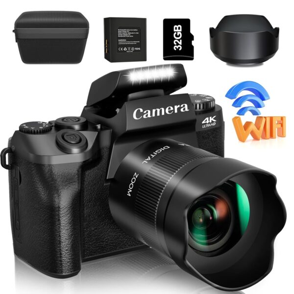 Saneen Digital Camera, 4K Cameras for Photography and Video, 64MP WiFi Touchscreen, Vlogging Camera for YouTube with Flash, 32GB Card, Sunshade, 3000mAh Battery, Front Cameras - Image 2
